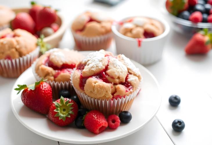 Strawberry Muffins on a Plate with Fresh Berries Perfect for Breakfast